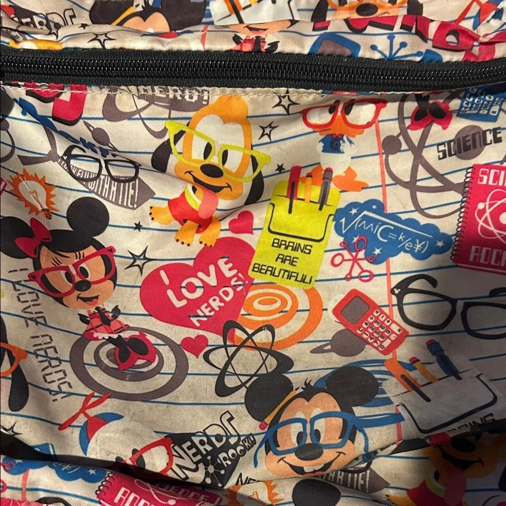 Disney Multicolor Cartoon Nerds Print Backpack with Yellow Plush Accent